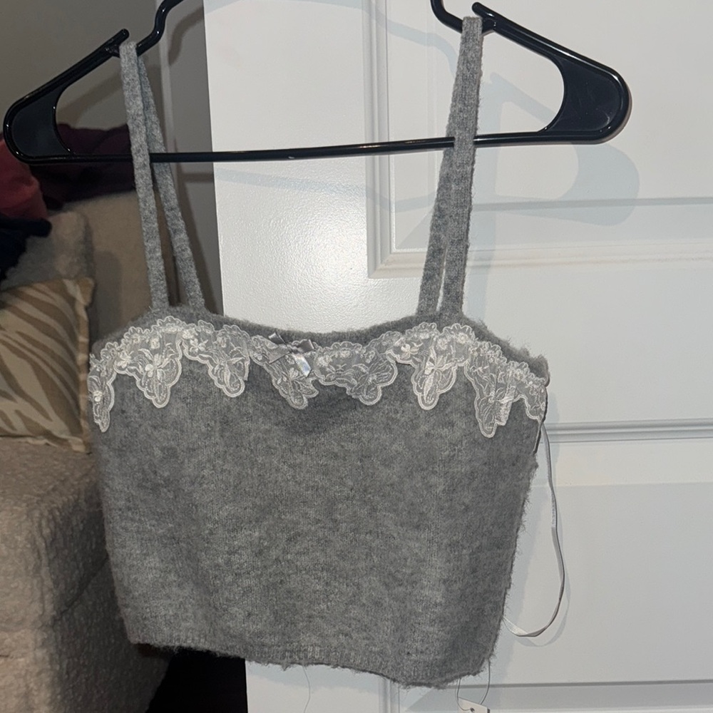 For Love And Lemons Gray Fuzzy Top with White Lace